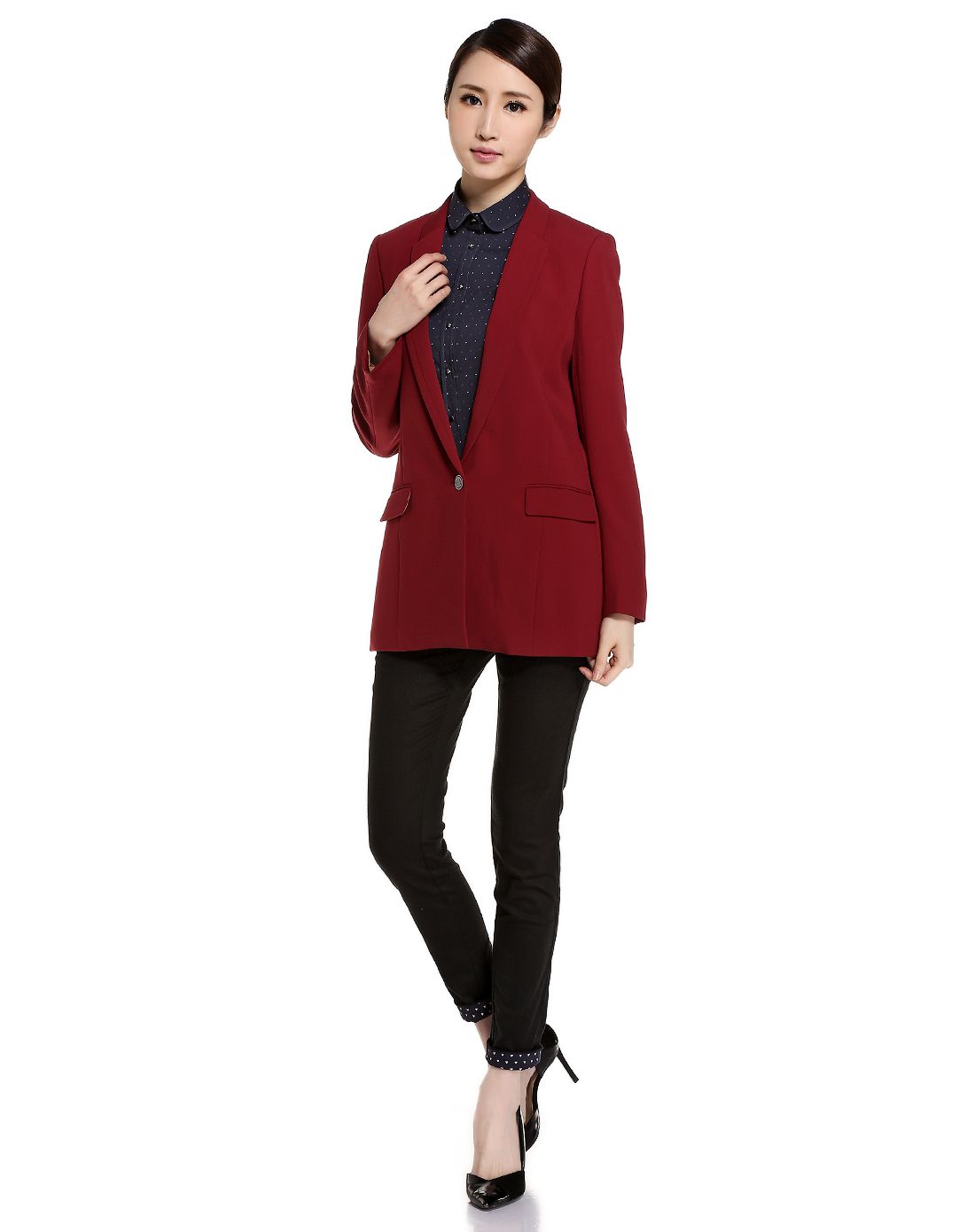 女款深红色修身气质长袖西装