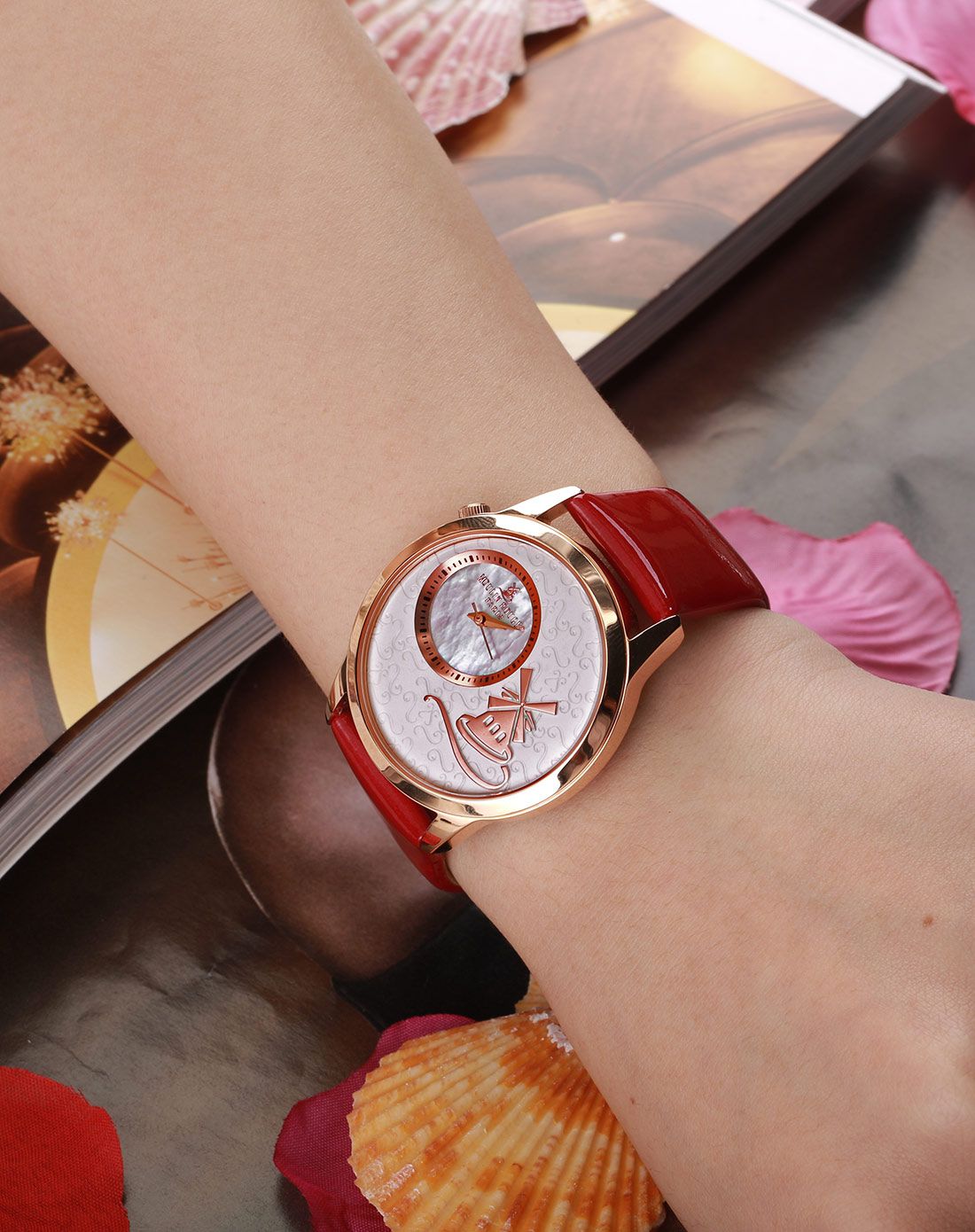 红磨坊moulin rouge 时尚简约优质皮带玫瑰金石英女表