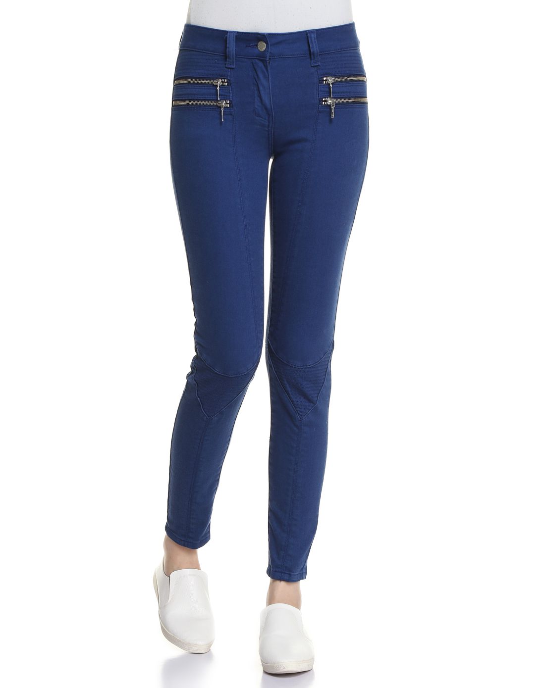女款宝蓝色拉链装饰紧身牛仔裤