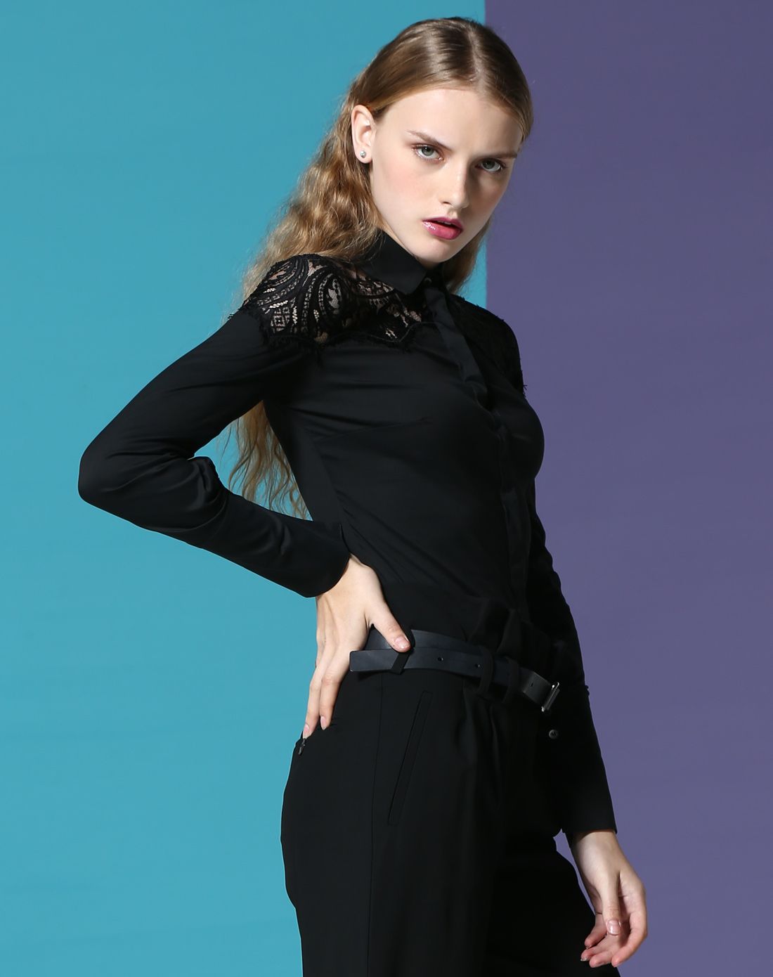 patrizia pepe女士黑色蕾丝拼接优雅连体衬衫2c0587/a01-bk_唯品会