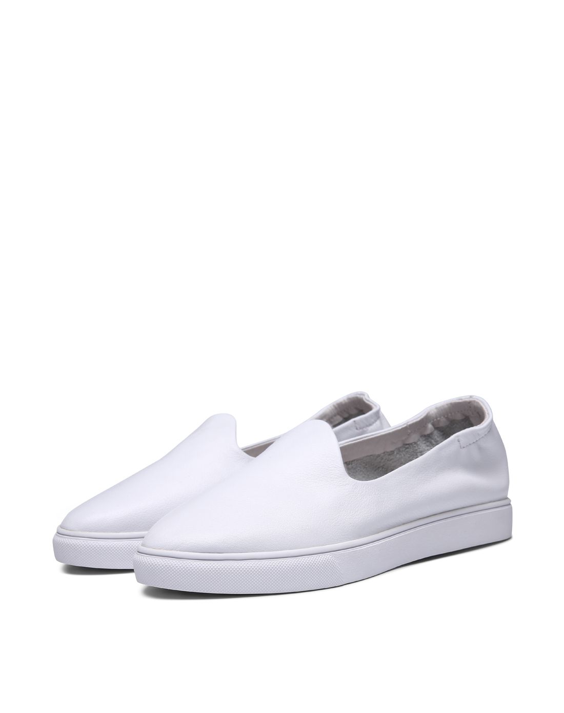 女款白色牛皮松紧鞋口单鞋