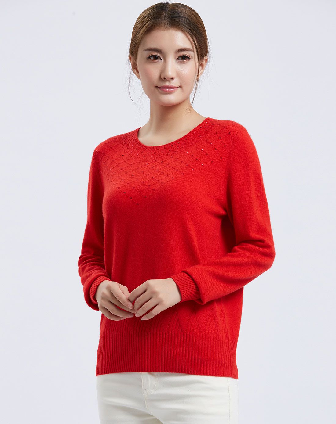 女士红色羊绒圆领女套衫羊绒衫