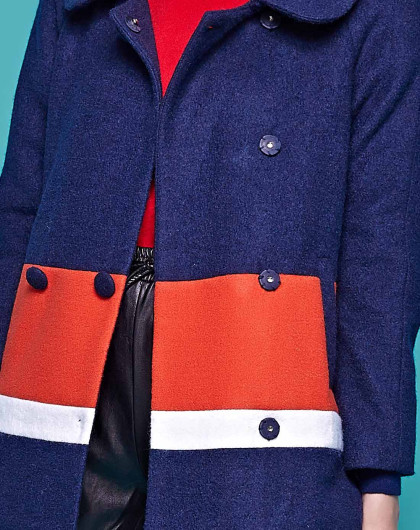 蓝橙拼接直身款呢料大衣