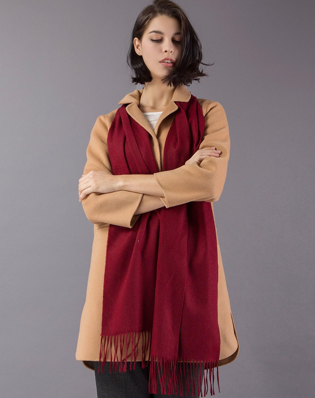 奢华水波纹山羊绒围巾 暗红色