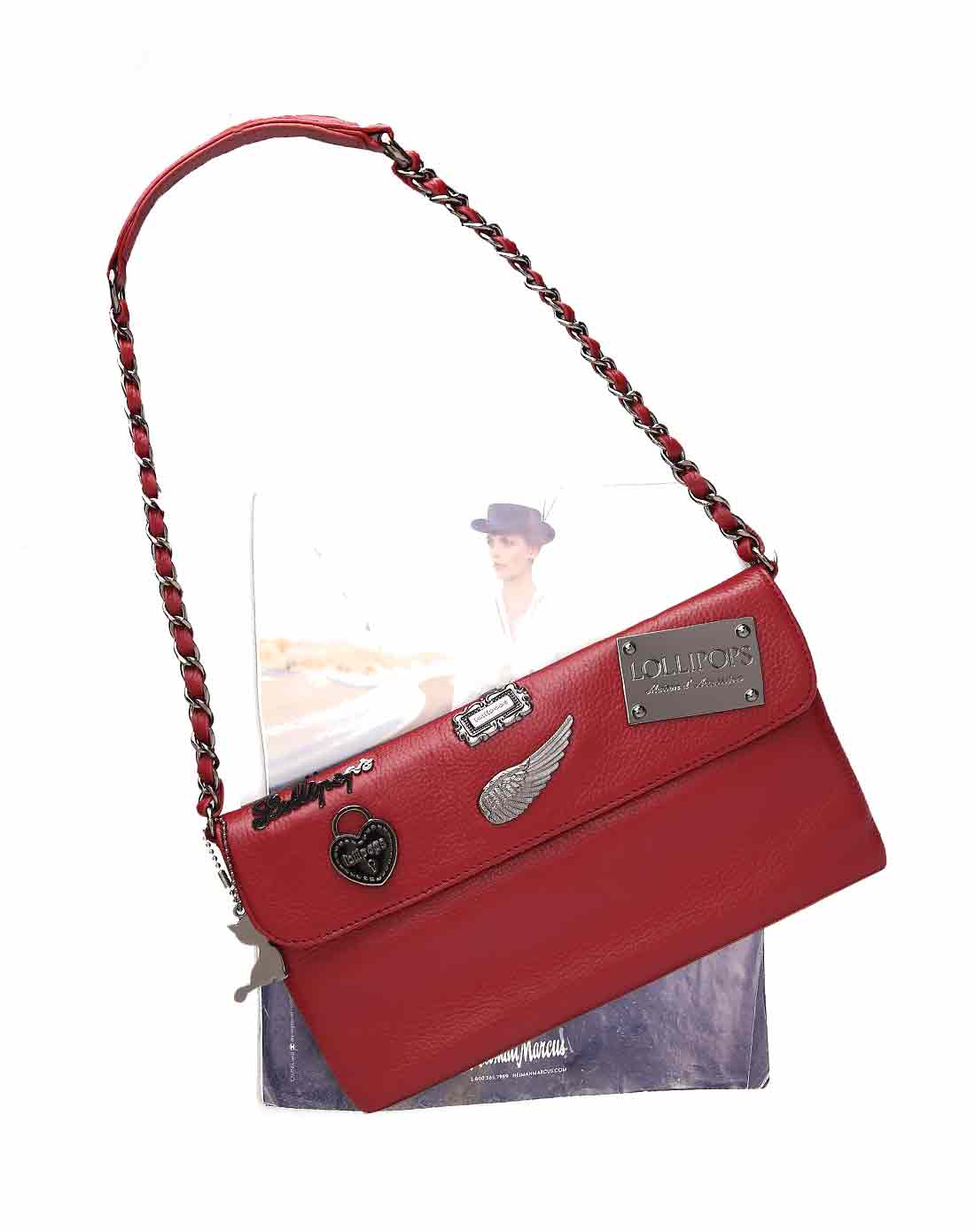 lollipops女款酒红色真皮链条徽章单肩包
