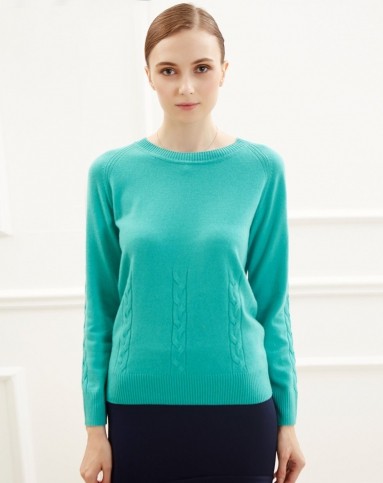 女士暗青色羊绒圆领女套衫羊绒衫