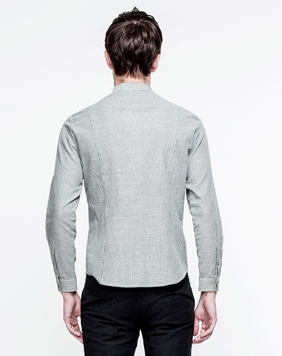 绿豆灰条纹立领衬衫