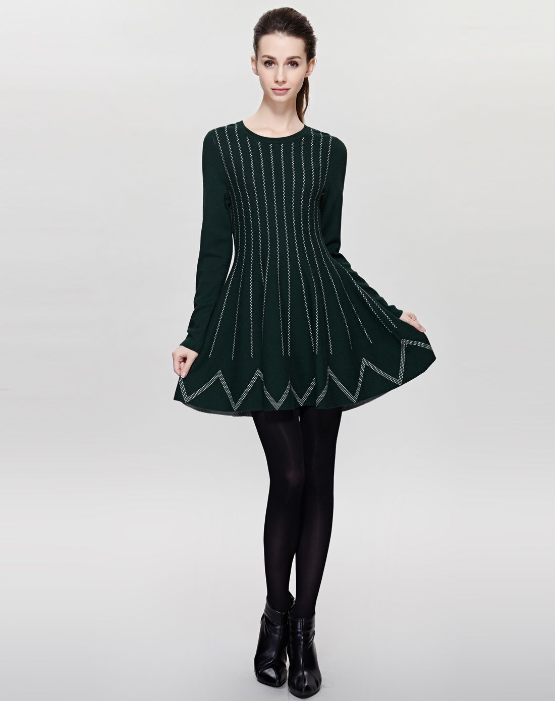 【精品】灰绿色竖条纹长款百搭连衣裙