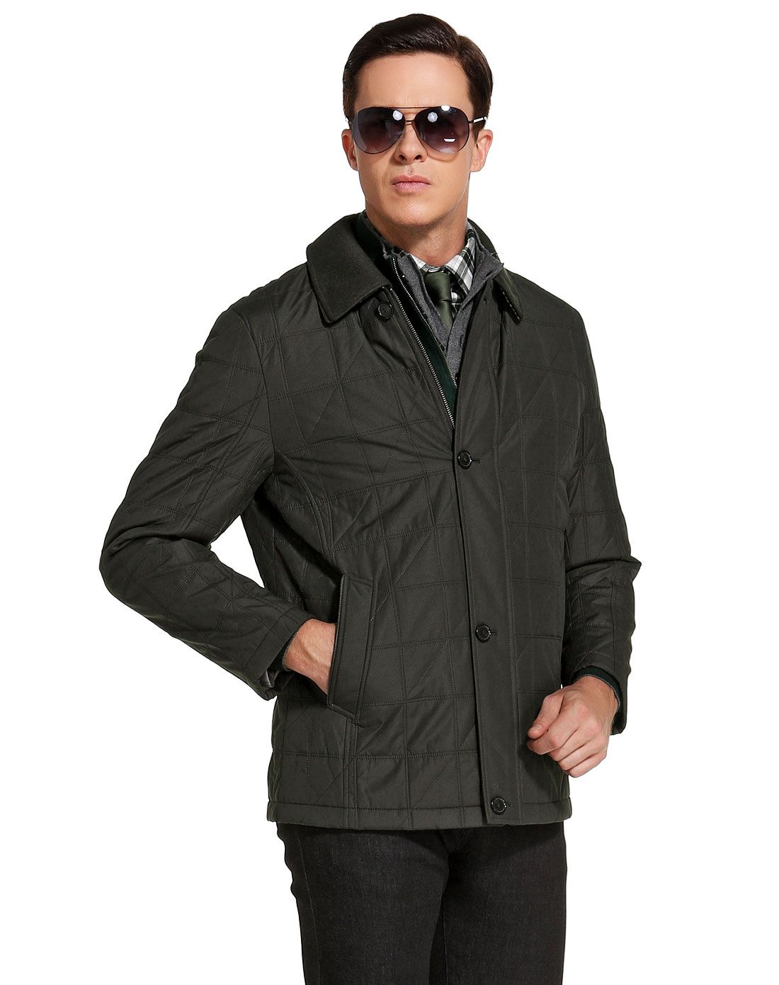 爵士丹尼a.jesdani男装专场 深军绿色时尚商务车线长袖棉服