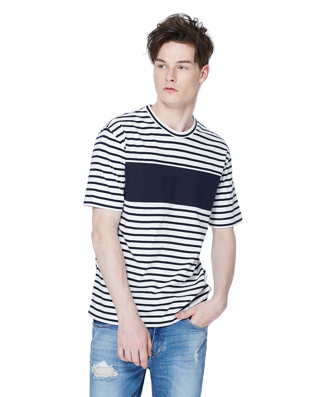 guess型格男装 2017春夏新品guess 17男士拼接撞色条纹休闲短袖t恤mh