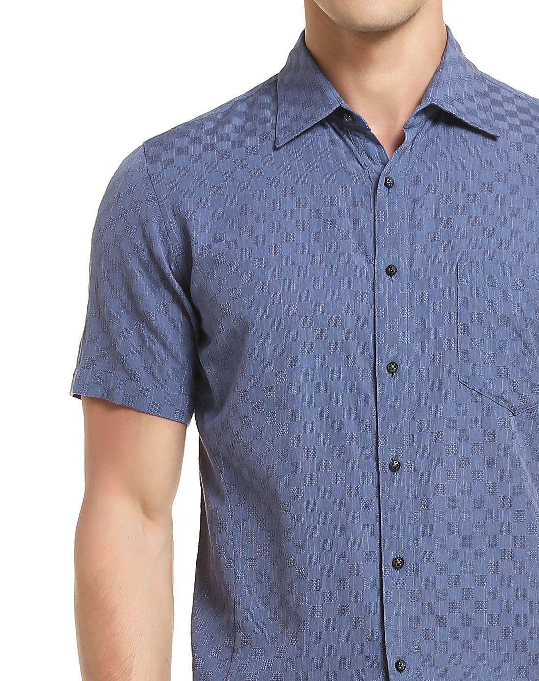 灰蓝色暗纹方格提花短袖衬衫