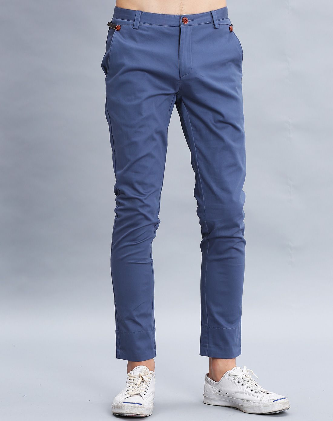 雾灰蓝色男装裤腰里拼格子长裤