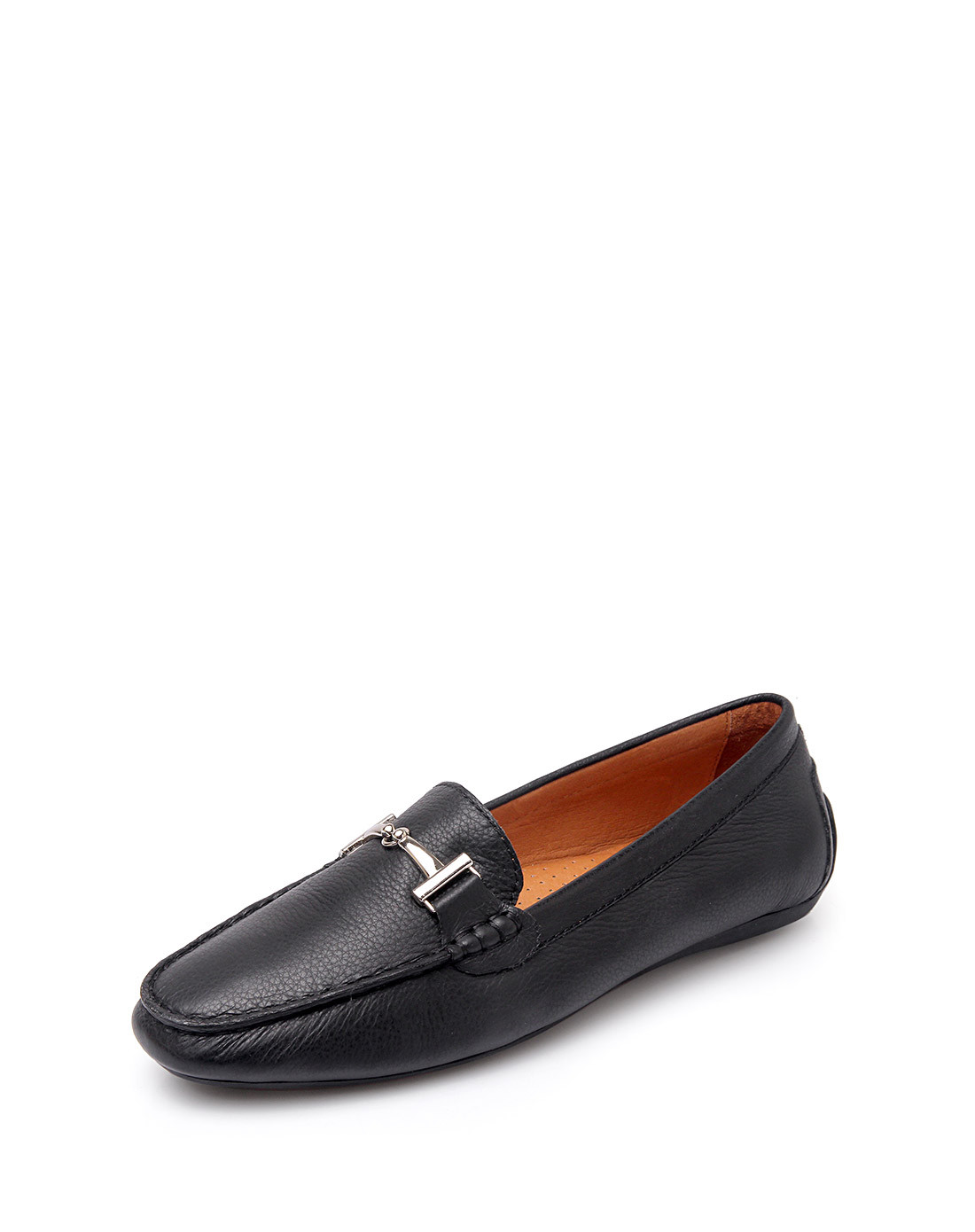 黑色牛皮平底金属扣豆豆鞋