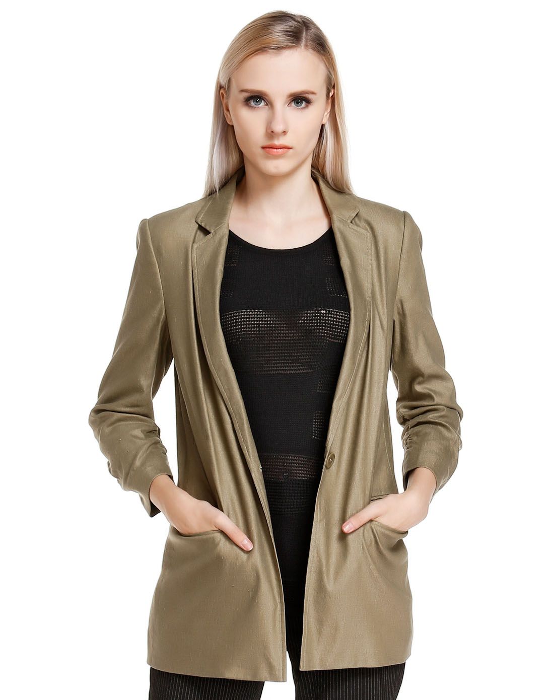 浅橄榄绿色休闲风格通勤长袖外套