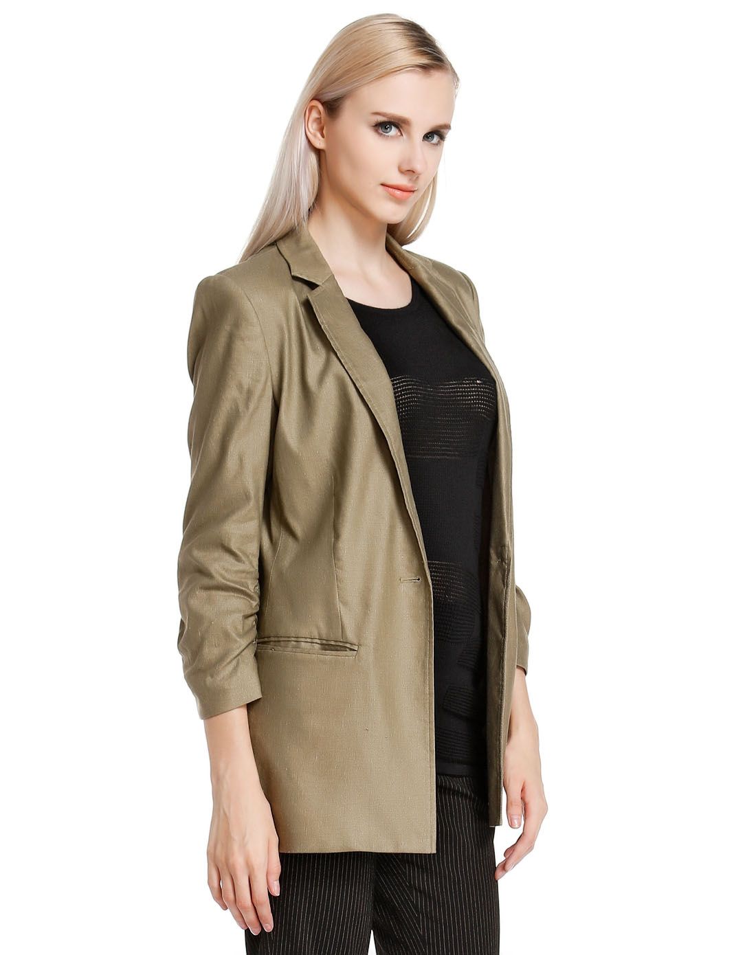 浅橄榄绿色休闲风格通勤长袖外套