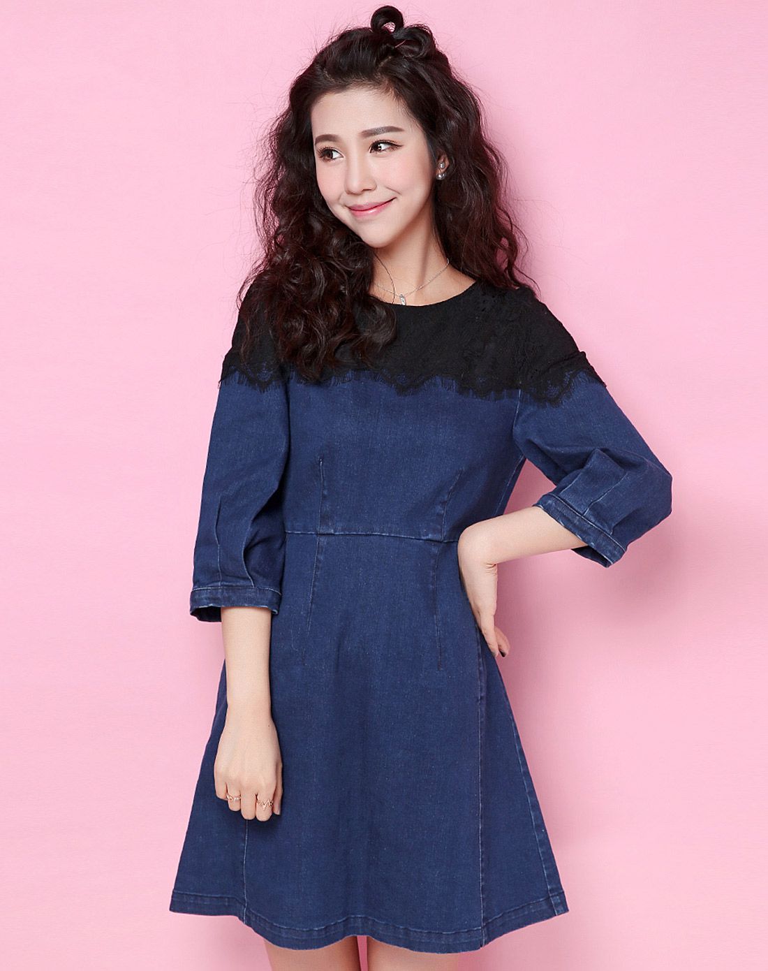 牛仔蓝优雅a字连衣裙