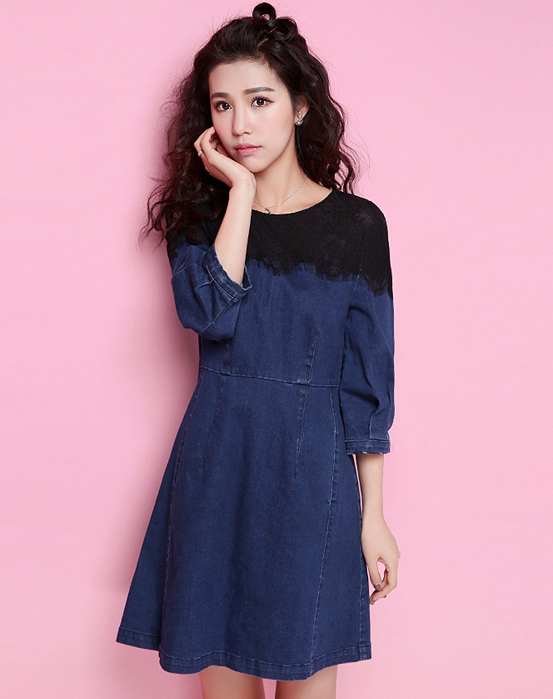 牛仔蓝优雅a字连衣裙