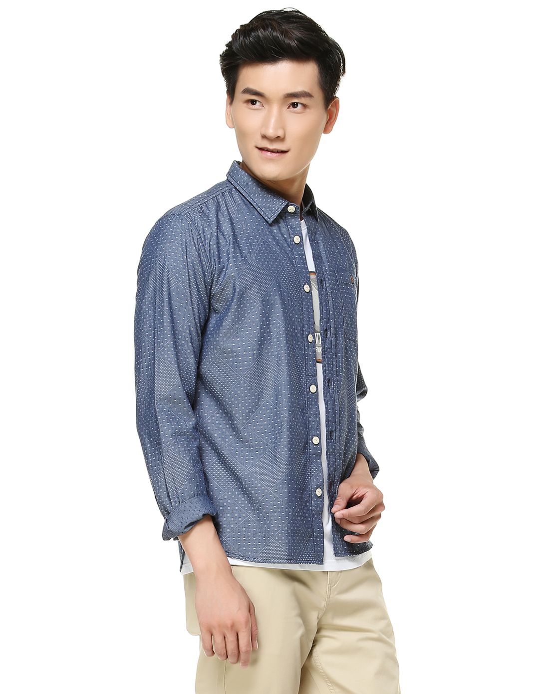 男款灰蓝色百搭时尚长袖衬衫