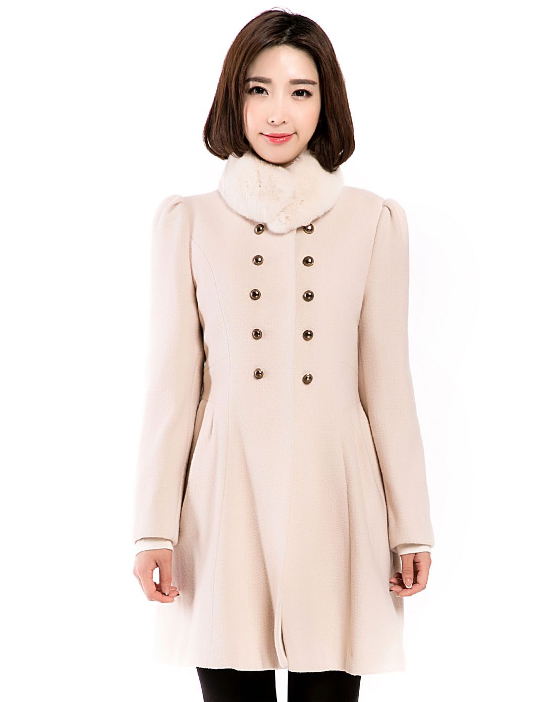 象牙白中长款毛领双排扣呢衣