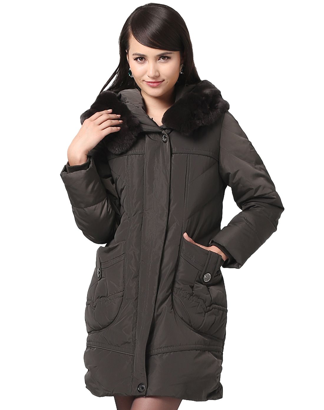 女款咸菜色中长款修身加厚羽绒服