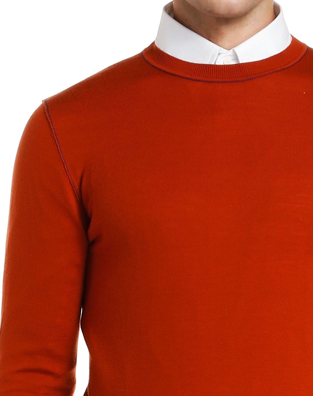 深橙色斯文圆领舒适长袖羊毛衫