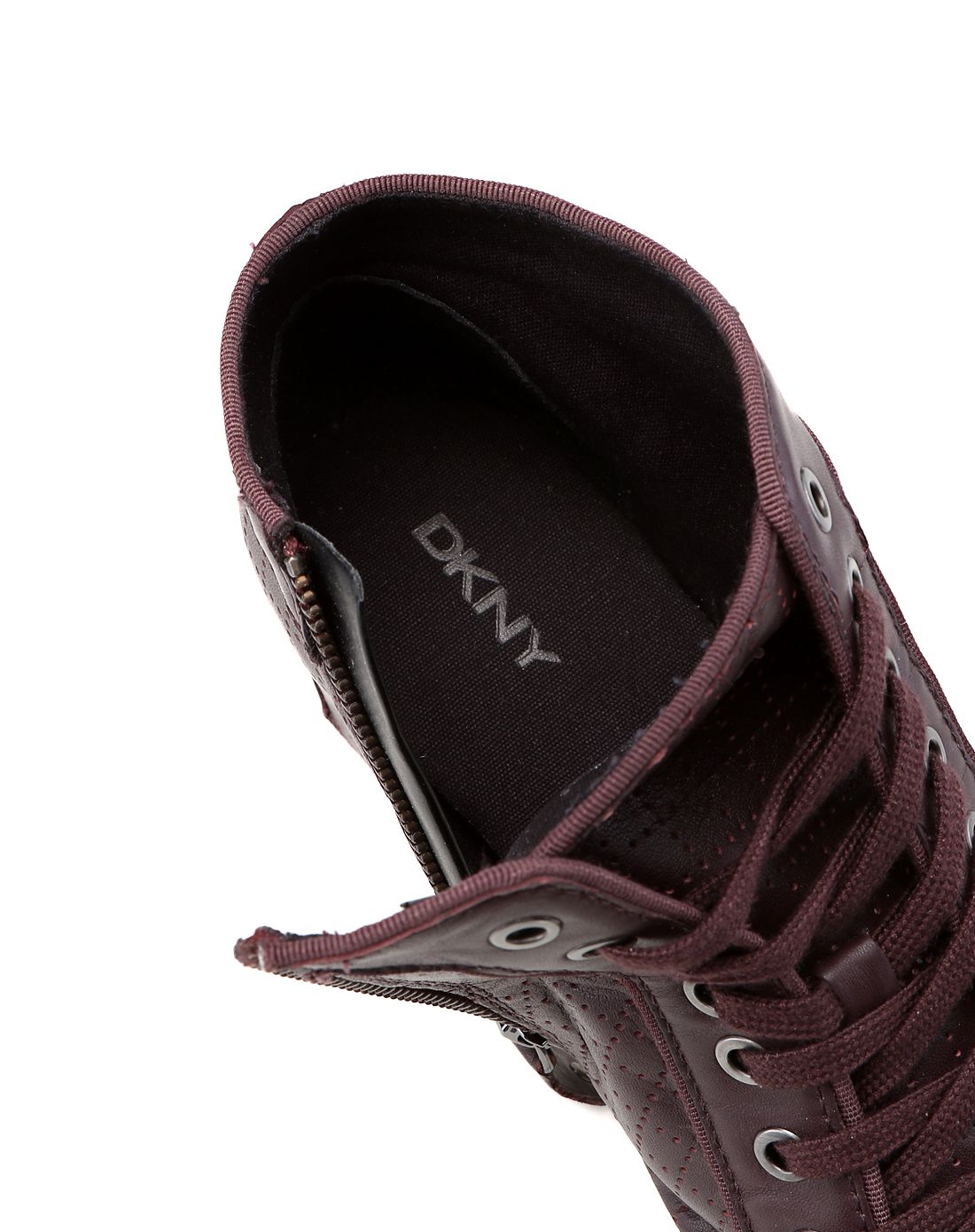 dkny女款酒红色羊皮革格纹高帮休闲鞋
