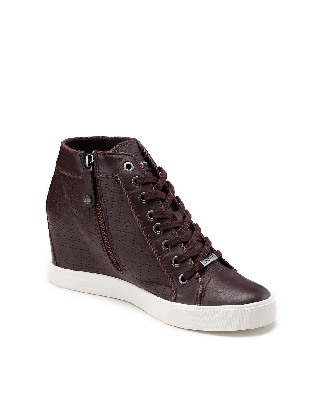 dkny女款酒红色羊皮革格纹高帮休闲鞋