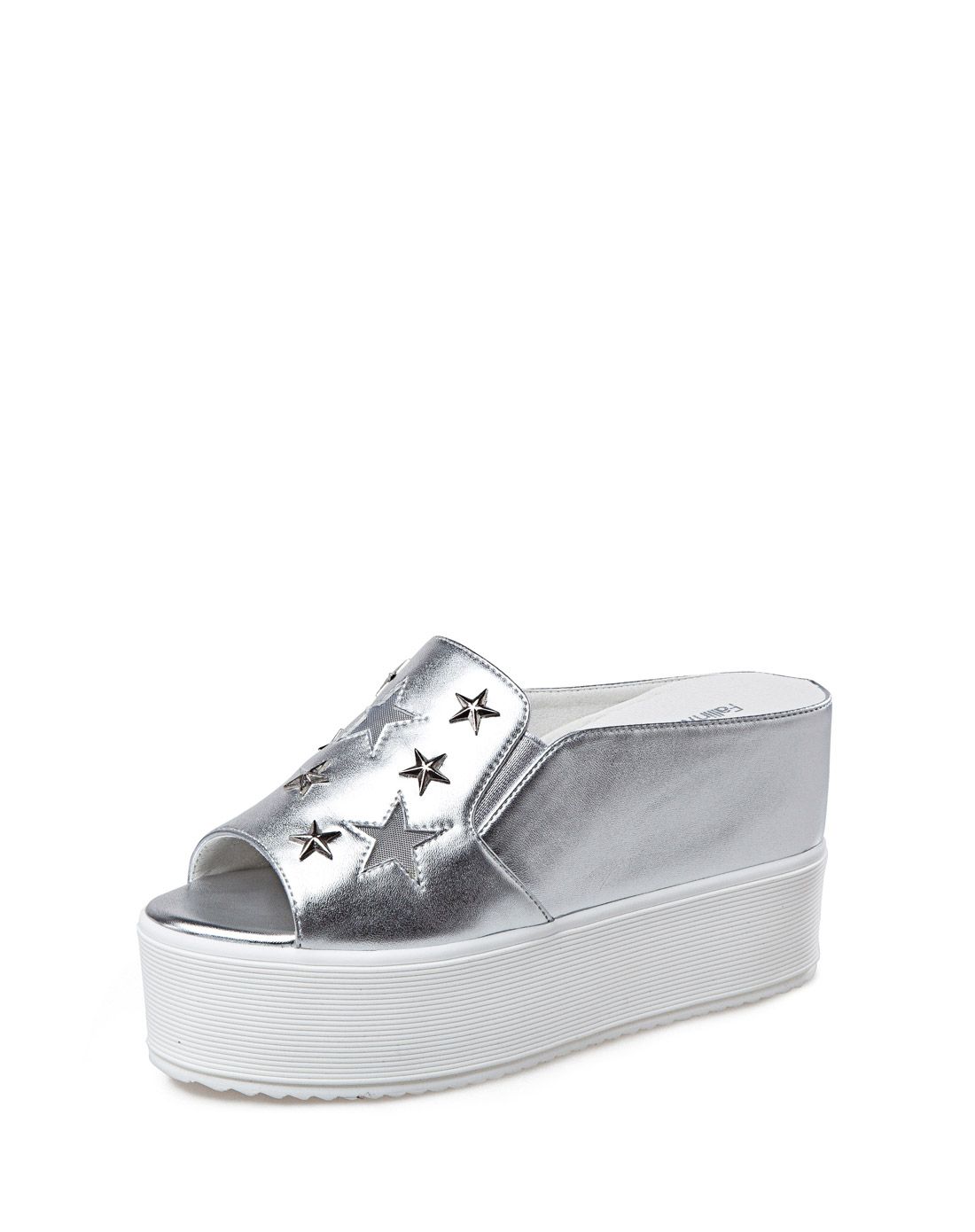 2016夏季新款星星拼接松糕厚底松紧百搭女银色拖鞋