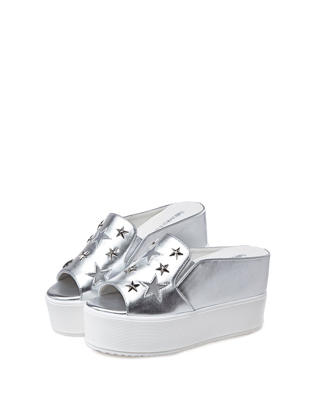 2016夏季新款星星拼接松糕厚底松紧百搭女银色拖鞋