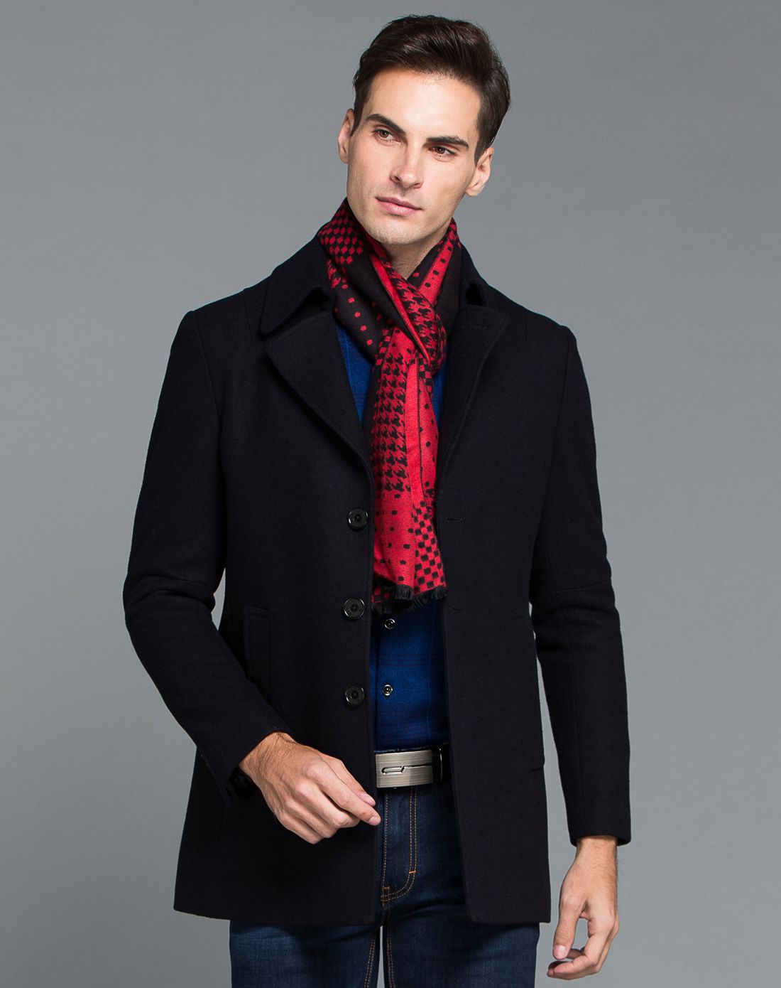 黑藏青色羊毛混纺毛呢大衣