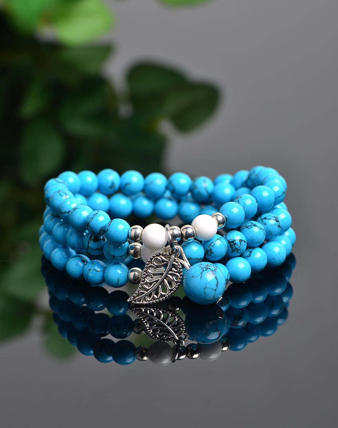 蓝松石加树叶三圈手链附证书