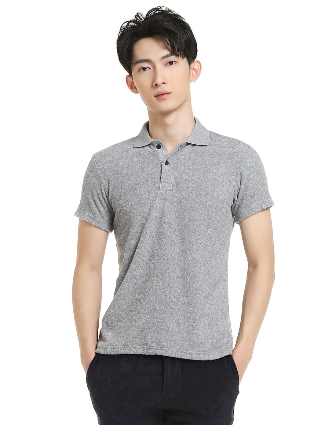 男款灰色时尚翻领针织t恤