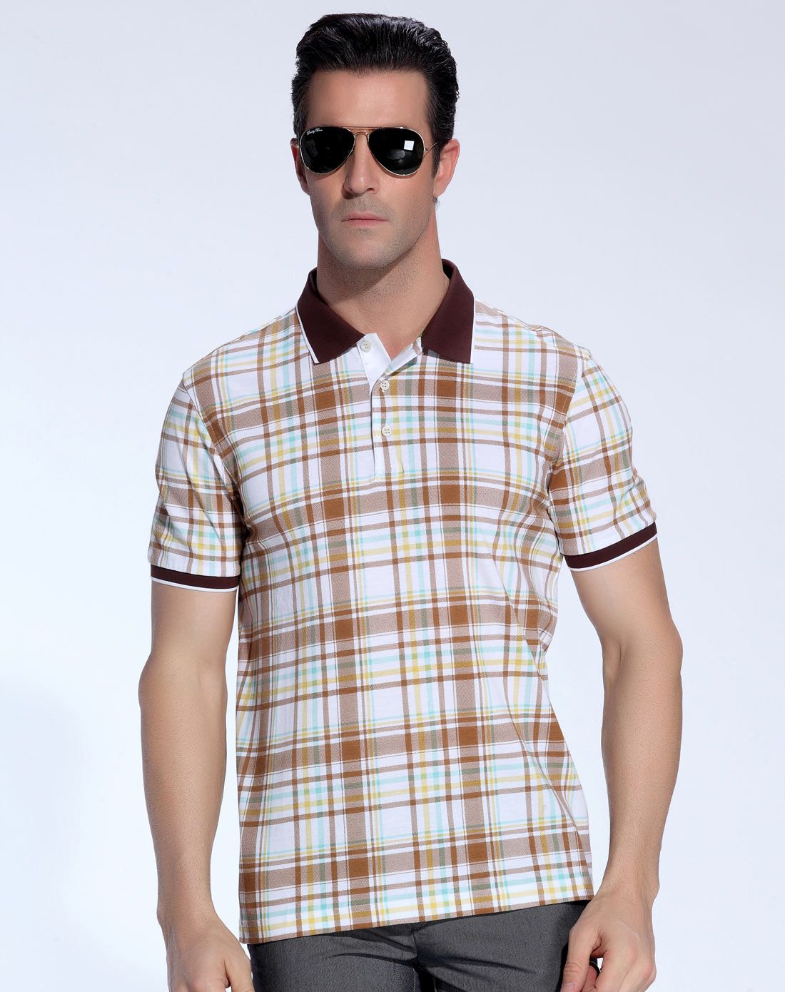 弹性面料格子短袖polo衫