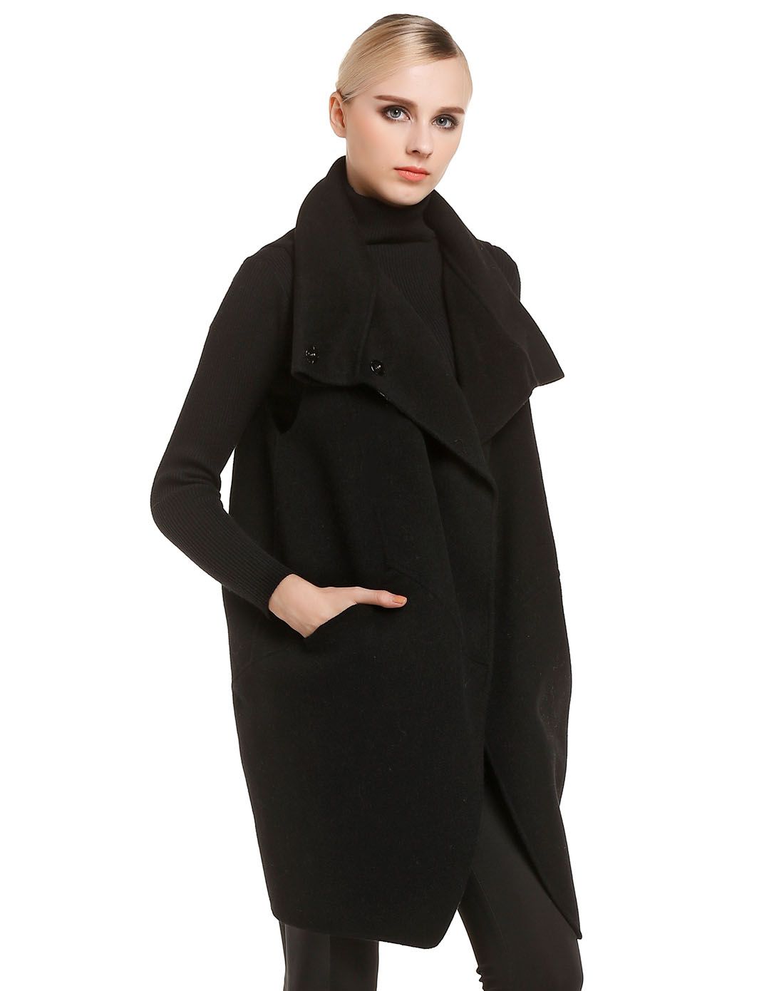 女双面呢翻领无袖大衣