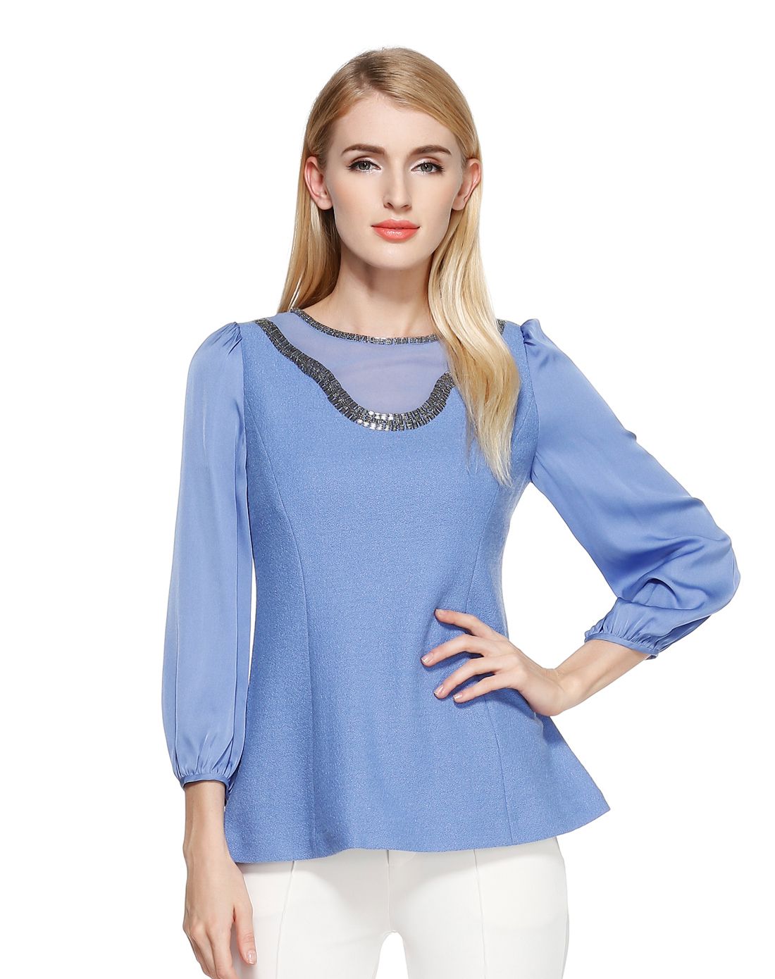 天蓝色甜美个性长袖上衣