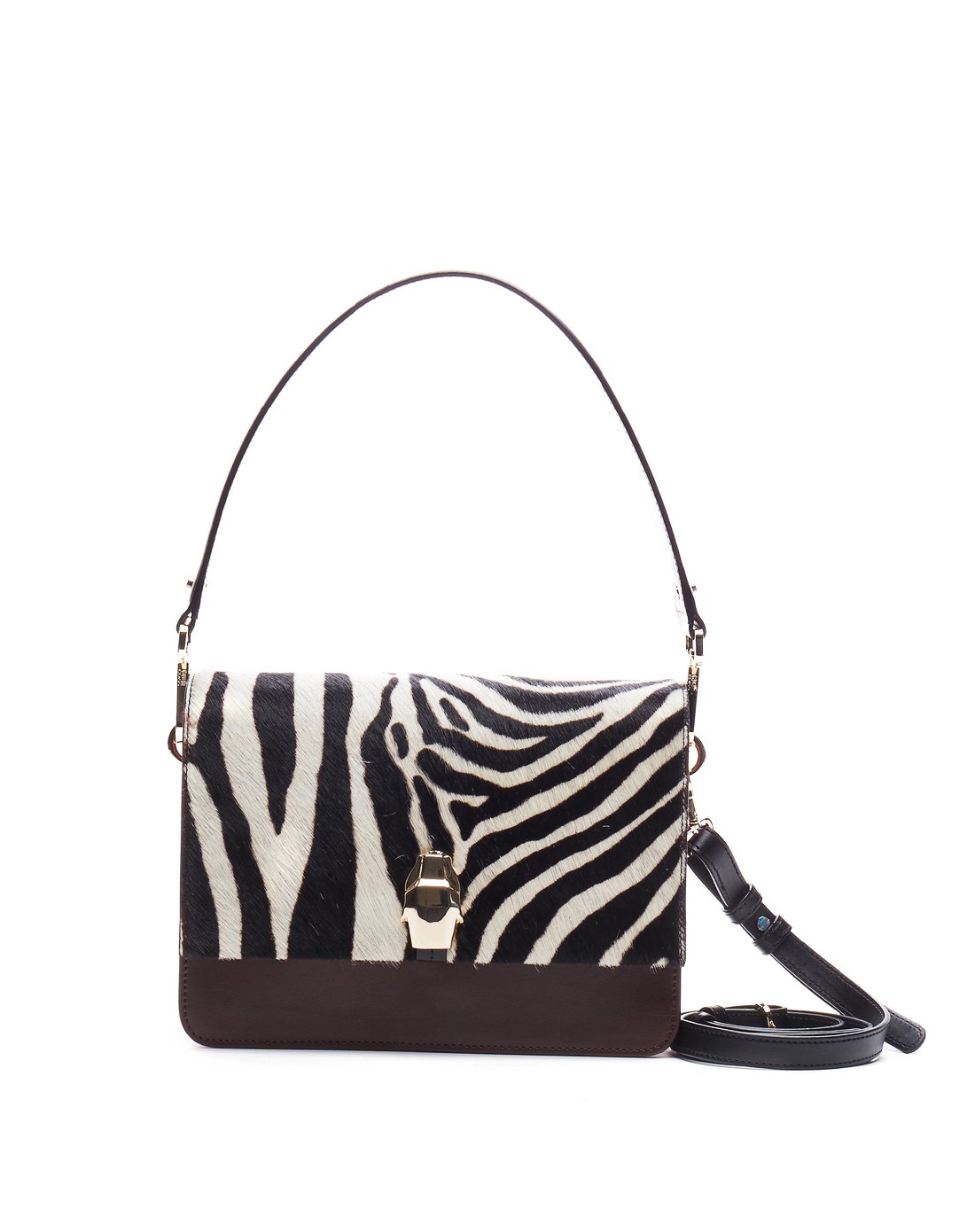 > 女款斑马纹拼接翻盖手提包深棕色