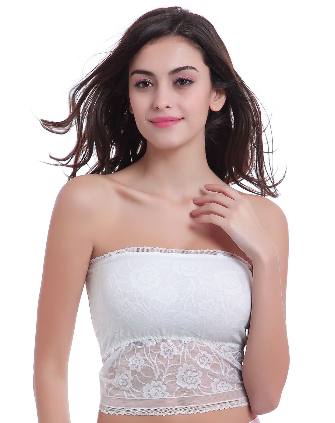 白色蕾丝网面印花中长款抹胸