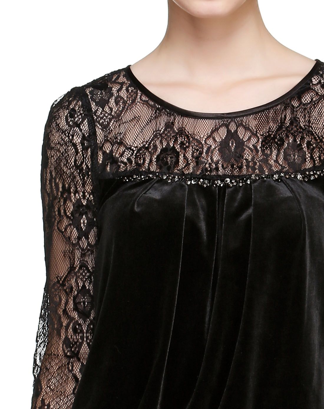 黑色魅力斯文蕾丝拼接长袖连衣裙