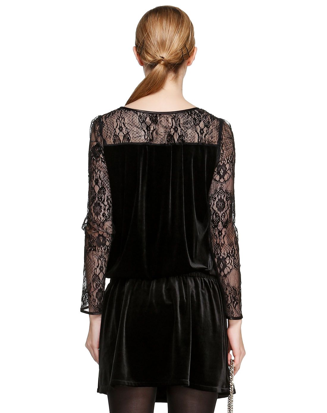 黑色魅力斯文蕾丝拼接长袖连衣裙