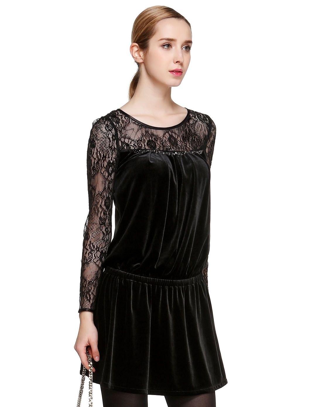 黑色魅力斯文蕾丝拼接长袖连衣裙