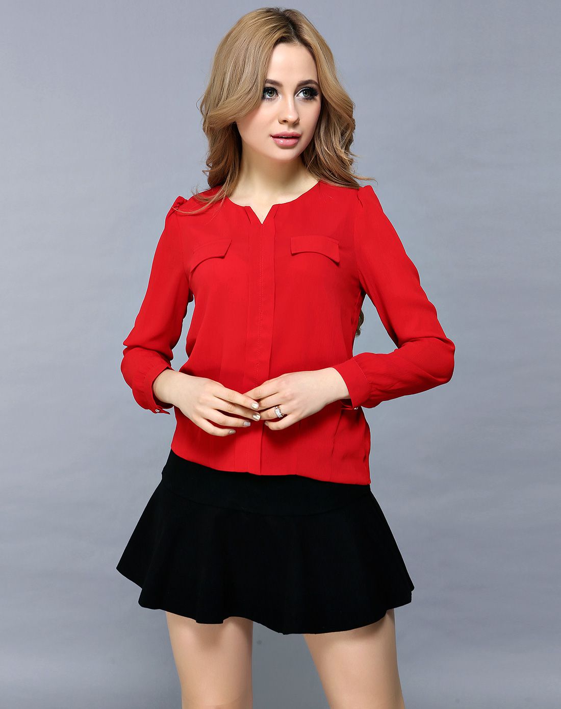 女款大红色圆领带小v素版上衣