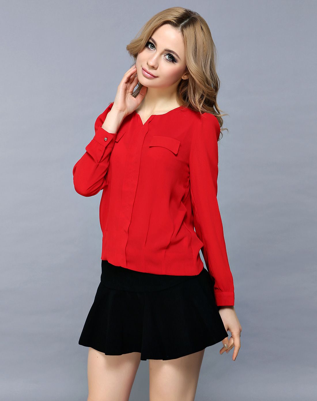 女款大红色圆领带小v素版上衣