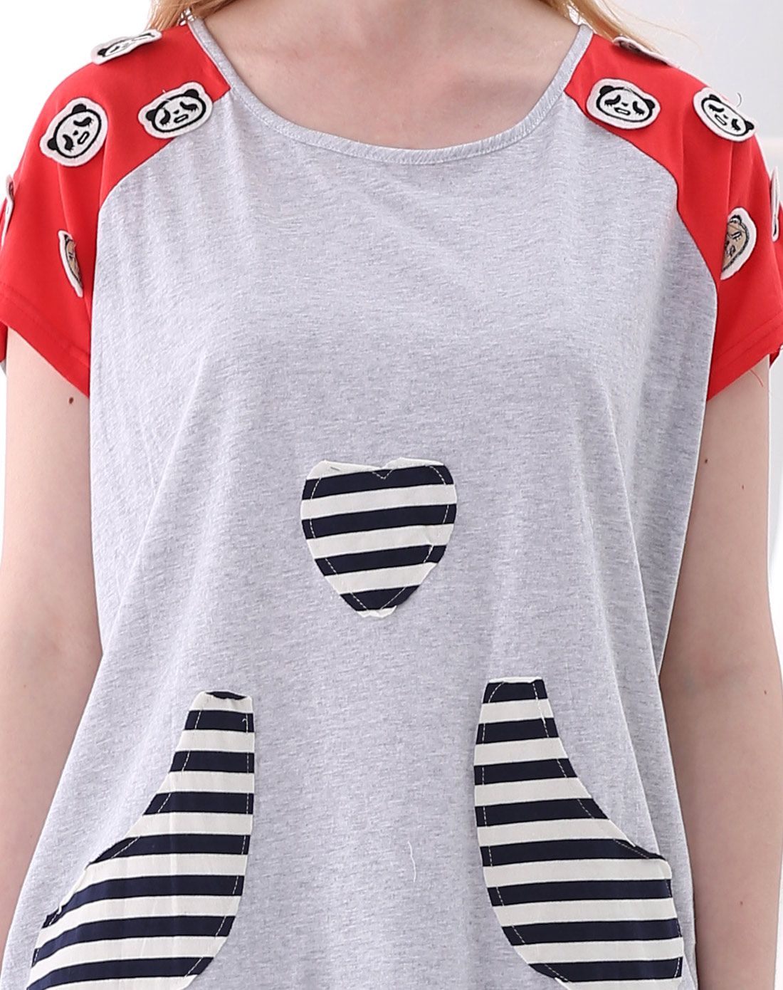 女士花灰短袖夏季纯棉短裤睡衣贴布可爱家居服套装