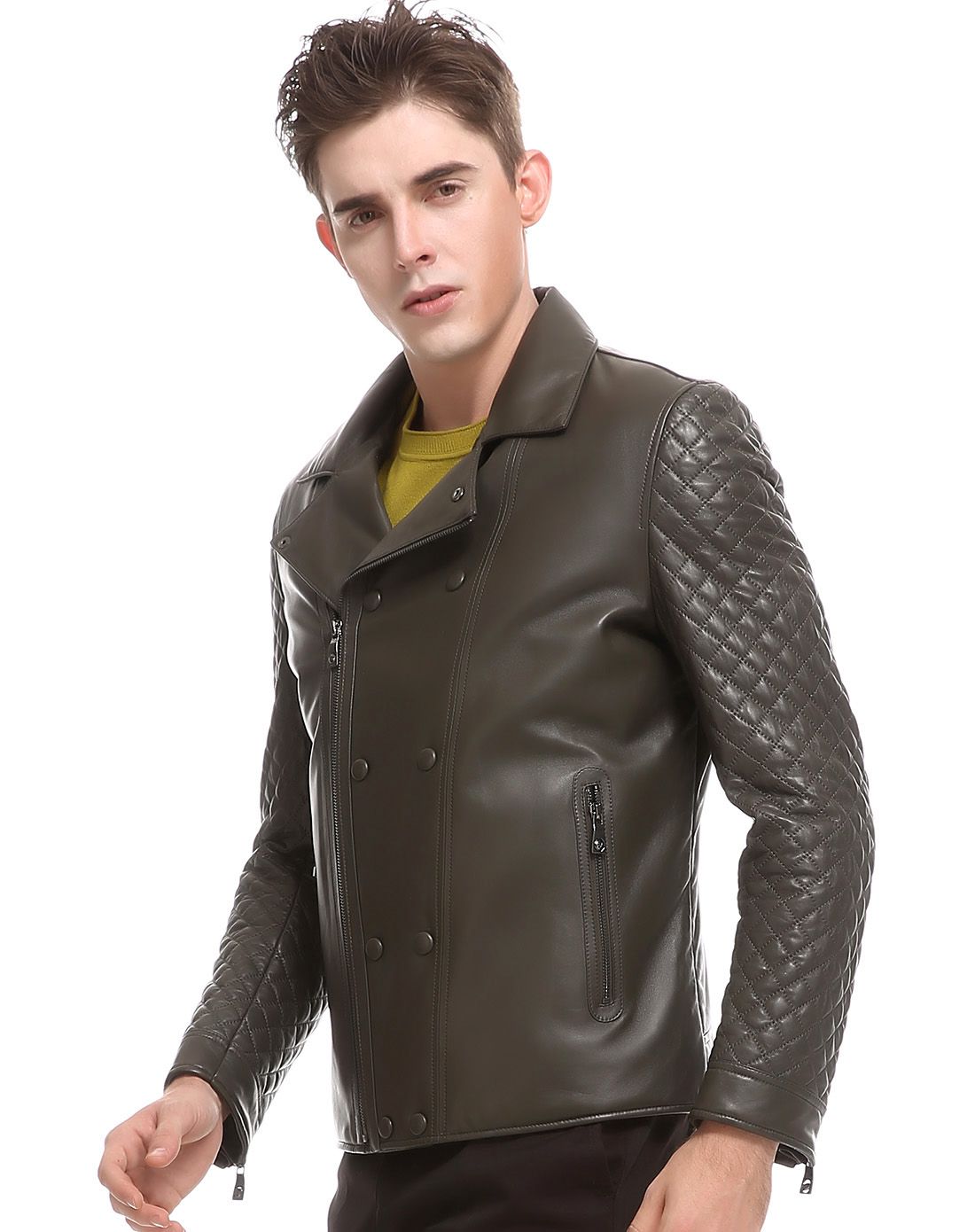 双排按扣斜排拉链时尚魅力翻领男士羊皮衣