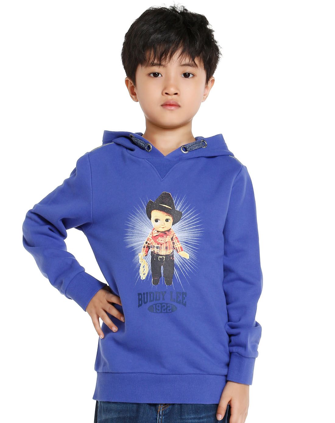 lee高端时尚童装专场 男童蓝色印图连帽长袖卫衣