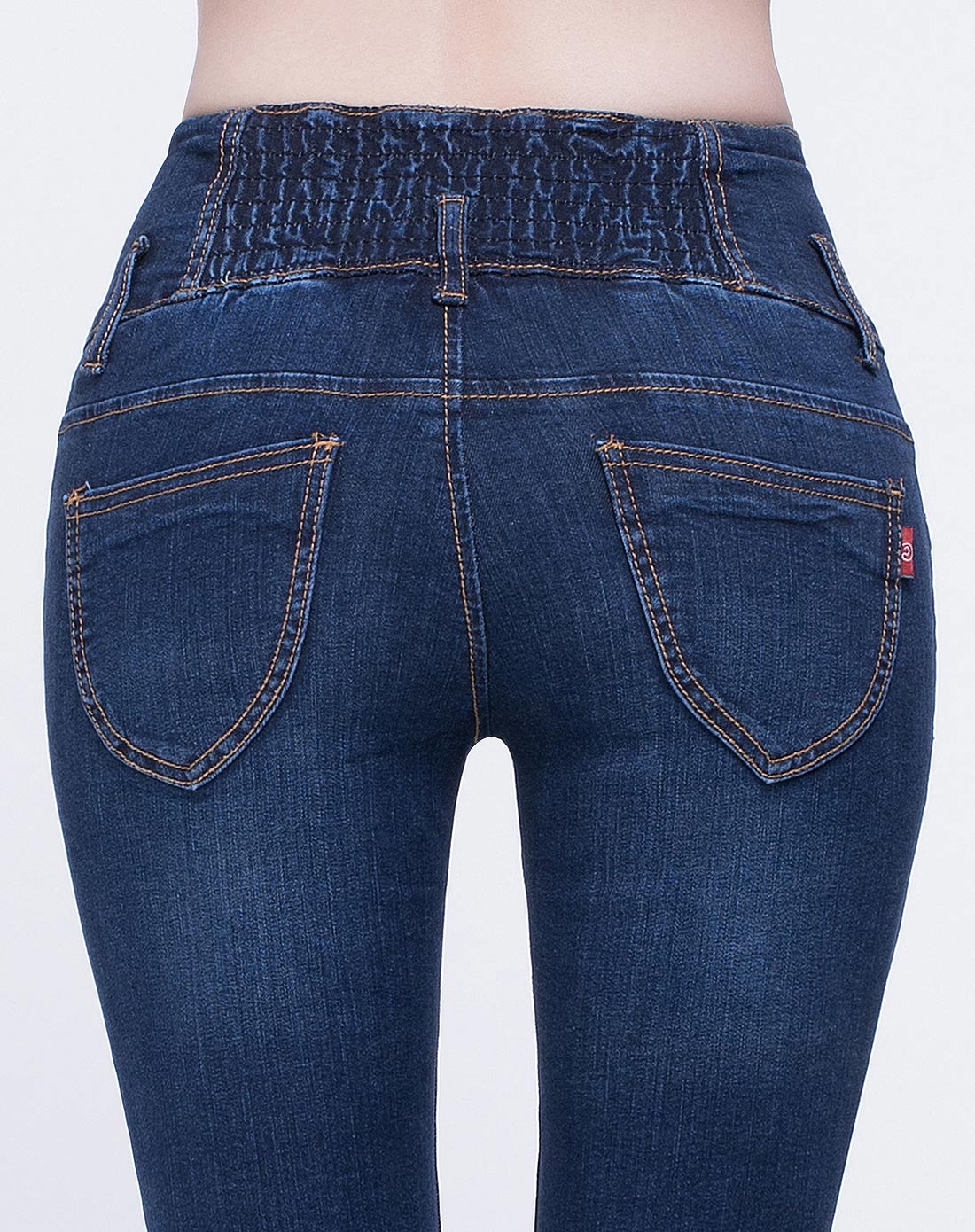 女款蓝色高腰排扣后腰松紧加绒牛仔裤