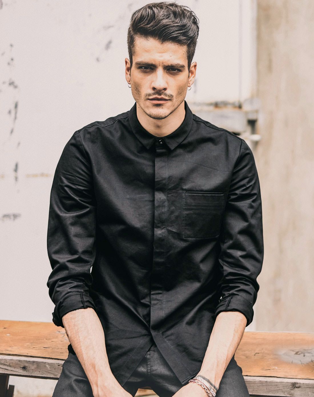 黑色 欧美拼接修身衬衫