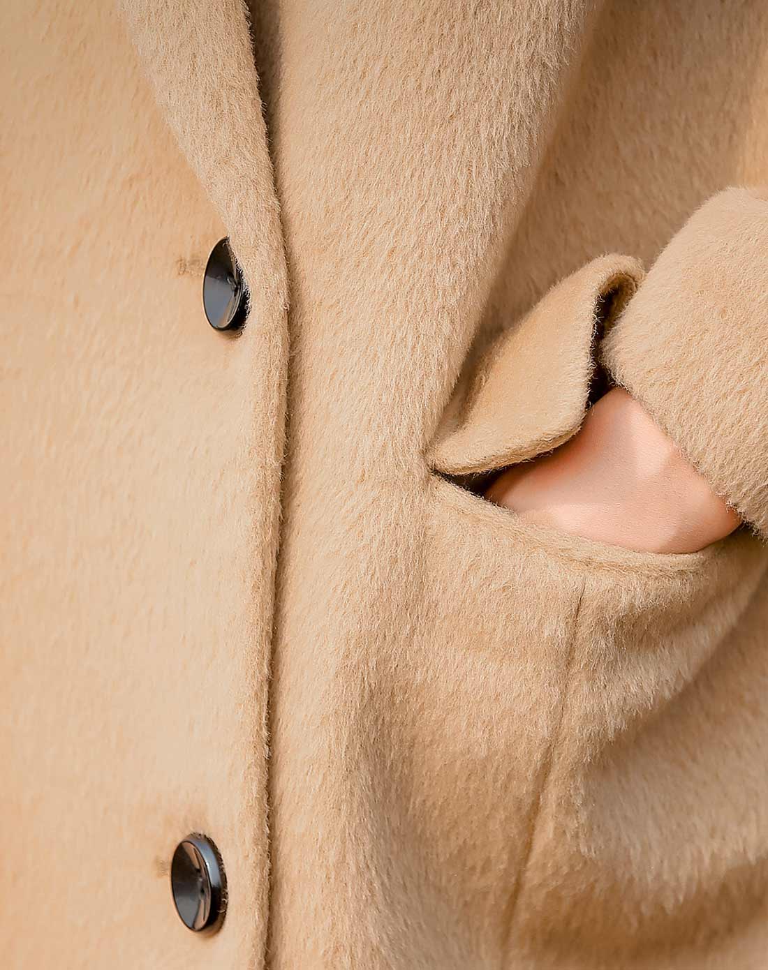 裂帛 卡其纯色翻驳领双排扣毛呢外套时尚长大衣