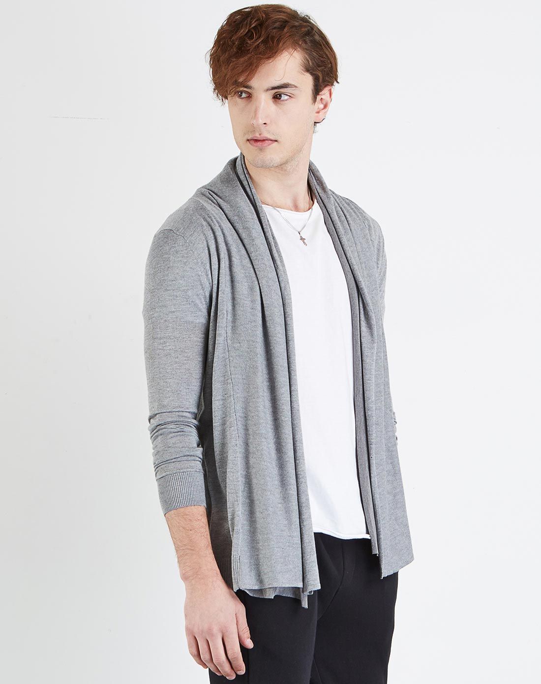 浅花灰时尚修身双层领长袖针织开衫