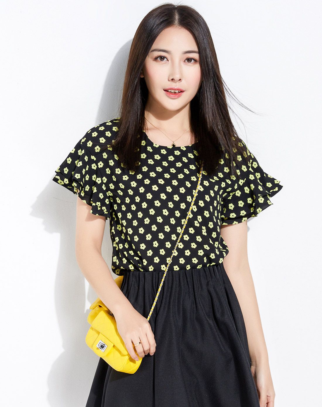 黄黑小碎花甜美t恤